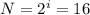 N=2^i=16