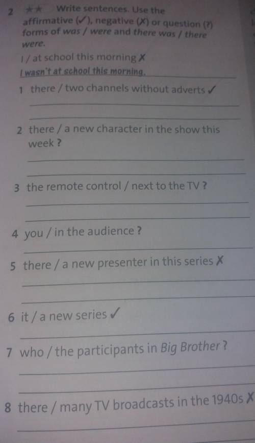 Write sentences.Use the affirmative(✔,)negative(❌)or question (?) forms of was / were and there was