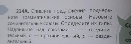 Упр 214А Спишите предложения, подчеркните грамматические основы. Определите типы союзов​