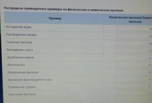 Распределить приведены примеры на физические и химические явления​