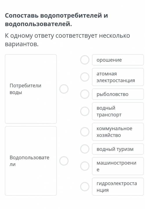 Сопоставь водопотребителей и водопользователей. К одному ответу соответствует несколько вариантов.​