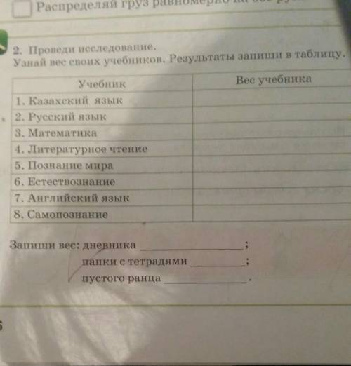 2. Провели исследование, Узнай вес своих учебников. Результаты запиши в таблиціУчебникВее учебника1.