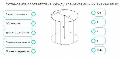 Тела вращения. Цилиндр. Установить соответствие между элементами и их значениями.