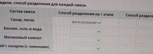 Виды смесей и их разделения Определи разделения для каждой смеси.Состав смеси разделения на 1 этапе