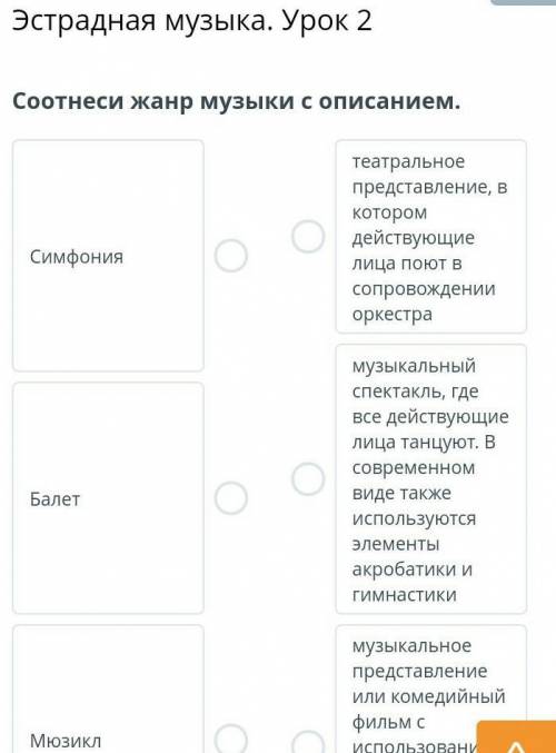 Эстрадная музыка. Урок 2 Соотнеси жанр музыки с описанием. нужно только правильный ответ ещё там вни