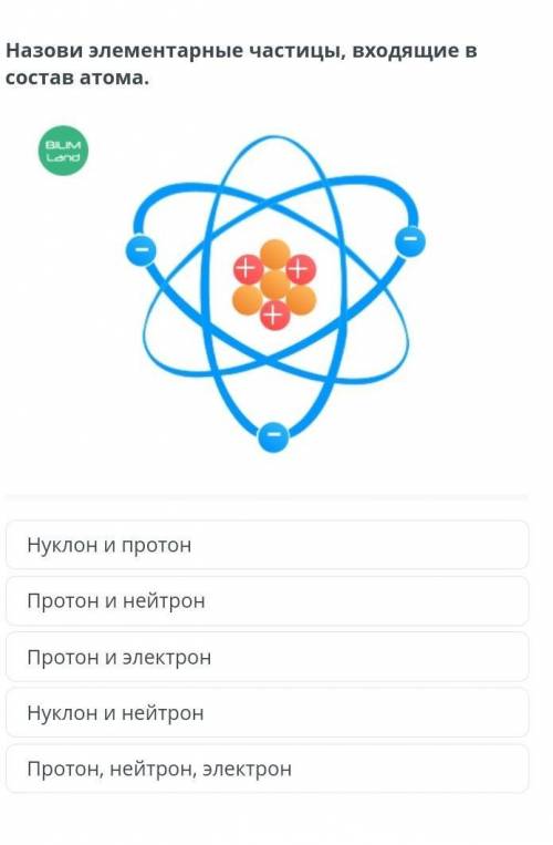 Назови элементарные частицы, входящие в состав атома. Нуклон и протонПротон и нейтронПротон и электр