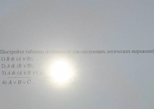 Постройте таблицы истинности для следующих логических выражений: 1) B & (А у В);2) A & (В ЕВ