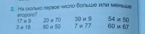 2. На сколько первое число больше или меньше второго?17 и 920 и 70 39 и 9Зи 18 80 и 50 7 и 77 60 и 6