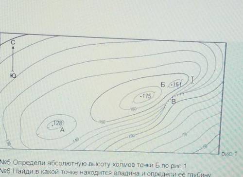 Определи обсолютную высоту холмов точки Б по рис. Найди в какой точке находится впадина и определи е