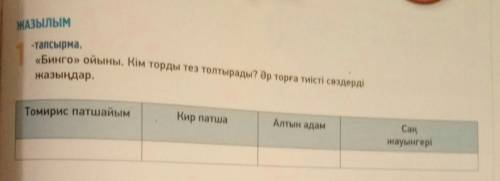 ЖАЗЫЛЫМ -тапсырма.«Бинго» ойыны. Кім торды тез толтырады? Әр торға тиісті сөздердіжазыңдар.Томирис п