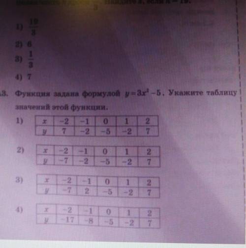 Функция задана формулой y=3x²-5.Укажите таблицу значений этой функции. ​