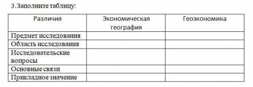 Заполните таблицу по геоэкономике и экономической географии.