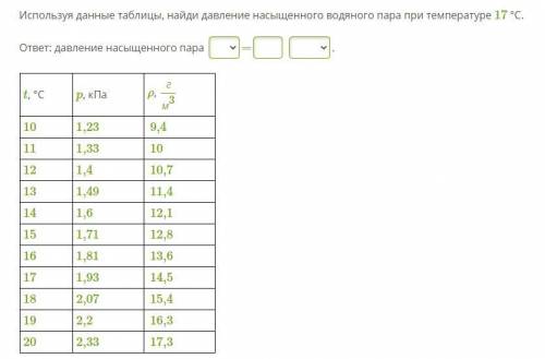 Используя данные таблицы, найди давление насыщенного водяного пара при температуре 17 °С. ответ: дав