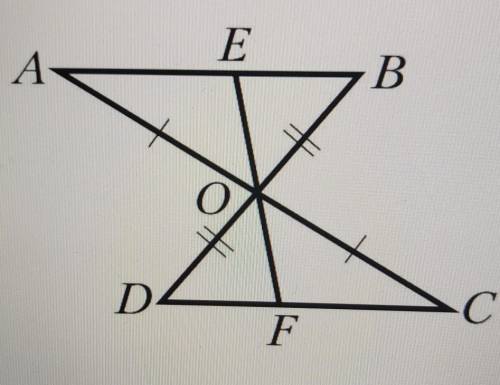 На рисунке AO=OC, BO=ODДокажи что ТРЕУГОЛЬНИК АОЕ равен ТРЕУГОЛЬНИКУ СОF ​