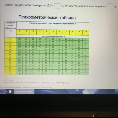 Сухой термометр показывает 17’с, а смоченный-12’с. Найди относительную влажность, используя данные т