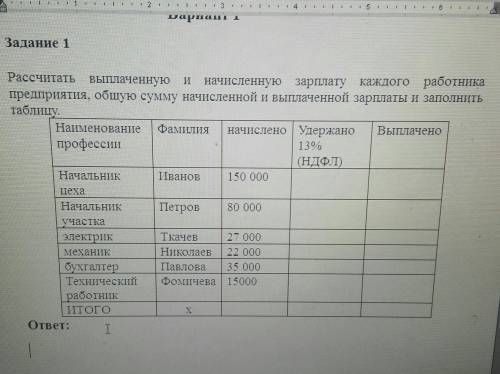 1 Задание 1Рассчитать выплаченную начисленную зарплату каждого работникапредприятия, общую сумму нач