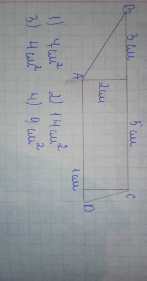 Найдите площадь четырехугольника ABCD. Варианты ответа: а)7 см, б) 14 см, в)4 см, г) 9 см