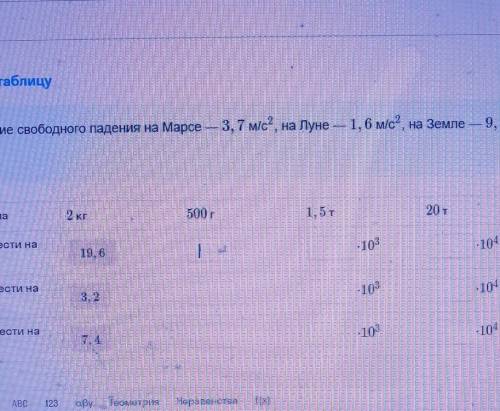 Лни таблицу Ускорение свободного падения на Марсе — 3, 7 м/с2, на Луне — 1,6 м/с2, на Земле — 9, 8м/