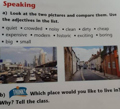 A) Look at the two pictures and compare them. Use Speaking6the adjectives in the list.• quiet • crow