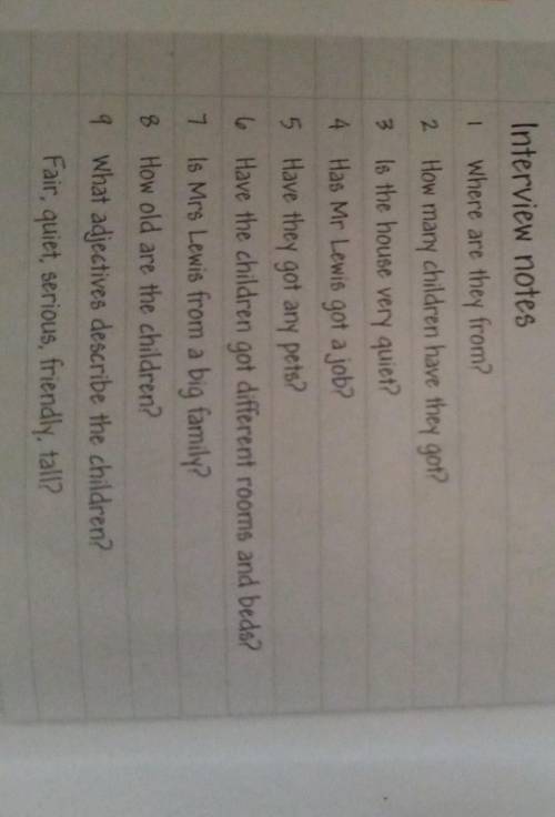 Interview notes 1 Where are they from?2 How many children have they got?3 is the house very quiet?4