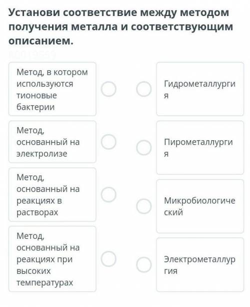 Получение металлов Установи соответствие между методом получения металла и соответствующим описанием