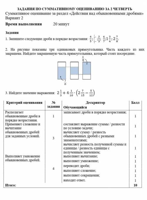 ЗАДАННЯ ПО СУМАТИВНОГУ ОЦЕНИВАННЮ ЗА 2 ЧЕТВЕРТЬ Суммативное оценивание за раздел «Действия над обыкн