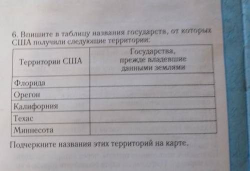 6. Впишите в таблицу названия государств, от которых США получили следующие территории:Государства,Т