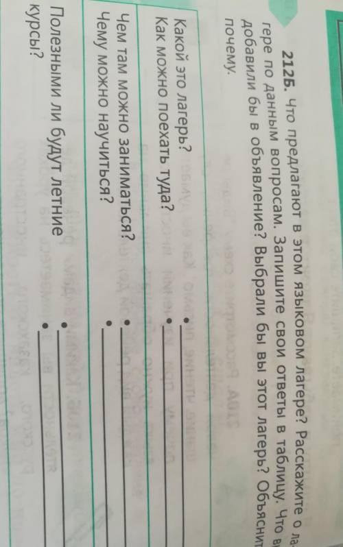 212Б. Что предлагают в этом языковом лагере? Расскажите о ла гере по данным вопросам. Запишите свои