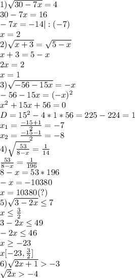 1)\sqrt{30-7x} =4\\30-7x=16\\-7x=-14|:(-7)\\x=2\\2)\sqrt{x+3} =\sqrt{5-x} \\x+3=5-x\\2x=2\\x=1\\3)\sqrt{-56-15x}=-x\\-56-15x=(-x)^2\\x^2+15x+56=0\\D=15^2-4*1*56=225-224=1\\x_{1}=\frac{-15+1}{2} =-7\\x_{2}=\frac{-15-1}{2}=-8\\4)\sqrt{\frac{53}{8-x} } =\frac{1}{14} \\\frac{53}{8-x} =\frac{1}{196} \\8-x=53*196\\-x=-10380\\x=10380(?)\\5)\sqrt{3-2x}\leq 7\\x\leq \frac{3}{2} \\3-2x\leq 49\\-2x\leq 46\\x\geq -23\\x [-23, \frac{3}{2} ]\\6)\sqrt{2x+1} -3\\\sqrt{2}x-4\\