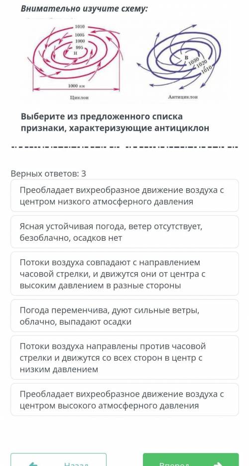 Внимательно изучите схему: Выберете из предложенного списка признаки, характеризующие антициклон. Ве