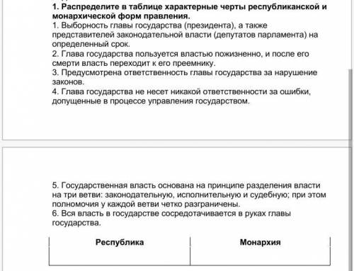 История всемирная Задания 1. Распределите в таблице характерные черты республиканской и монархическо