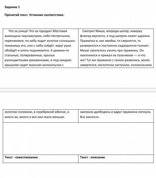 Задание 1 Прочитай текст. Установи соответствие. Что за улица! Что за городок! Мостовая вымощена пер