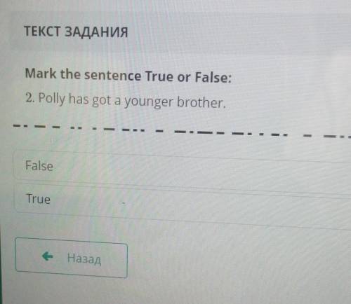 ТЕКСТ ЗАДАНИЯ Mark the sentence True or False:2. Polly has got a younger brother.FalseTrueеНазад