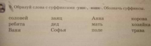 9. Образуй слова с суффиксами -ушк-, -юшк-. Обозначь суффиксы. АннасоловейребятаВаняЗаяцдедСофьякоро