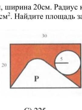 Длина прямоугольника 30см, ширина 20см. Радиус круга расположенного внутри 5см. Площадь фигуры Р 300