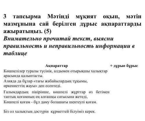 3 тапсырма Мәтінді мұқият оқып, мәтін мазмұнына сай берілген дұрыс ақпараттарды ажыратыңыз. (5) Вним