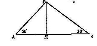 Известно, что треугольник ABC на рисунке равен 60° и 30°. Если высота ВД= 2дм, найдите неизвестный у