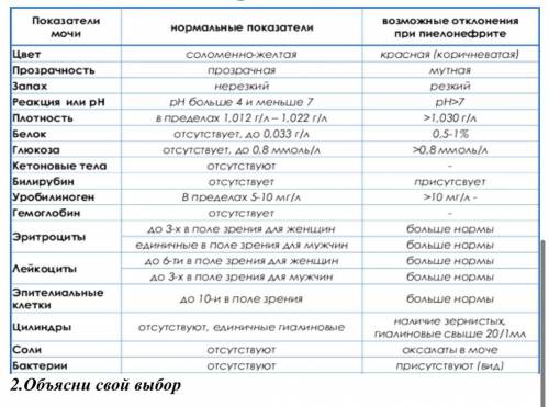 1.Определи по предложенному примеру, какие из показателей выявляют заболевание почек 2. Объясни свой