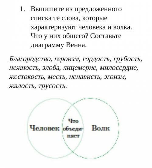 Выпеши из предложенного списка те слова которые характеризуют человека и волка. Что у них общего? Со