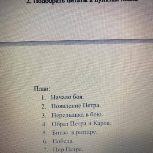 Подобрать цитаты к пунктам плана 1. Начало боя 2. Появление Петра 3. Передышка в Бою 4. Образ Петра