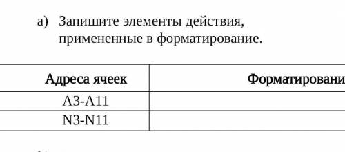 Запишите элементы действия, примененные в форматирование. Адреса ячеекФорматированиеА3-А11N3-N11​