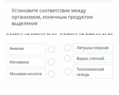 Установите соответствие между организмом, конечным продуктом выделения Аммиак-Лягушка озернаяМочевин