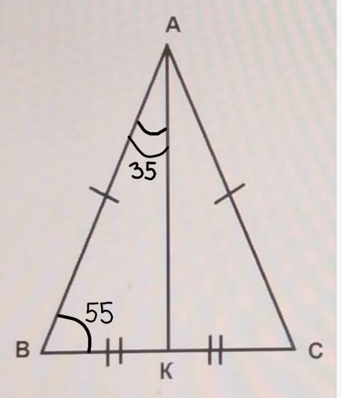 Дано: AB = ACBAK = 35°BC = 10 CMВК = KCABC = 55°Найти:ВКKAC, BACAKBACB​