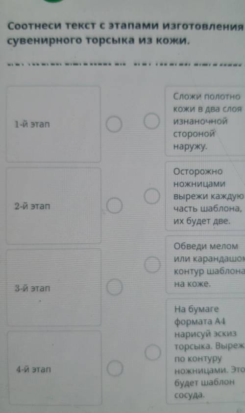 Соотнеси текст с этапами изготовлениясувенирного торсыка из кожи.​