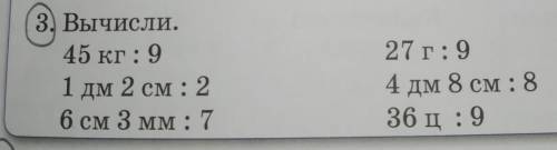 3. Вычисли.45 кг:91 дм 2 см : 26 см 3 мм: 727 г: 94 дм 8 см : 836 ц: 9​