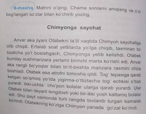 sonlarni qo'llang1. Anvar aka va Otabek Chimyonga soat nechalarda yoʻlga chiqdilar?2. Anvar aka nech