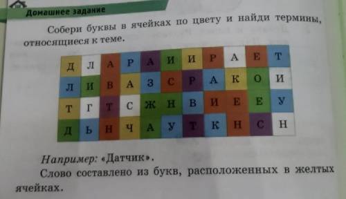 Домашнее задание Собери буквы в ячейках по цвету и найди термины,относящиеся к темеНапример: Датчик»