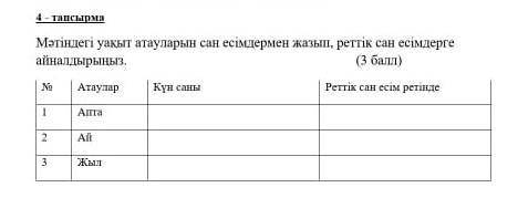 (Іоалл) ) 4 - тапсырмаМәтіндегі уақыт атауларын сан есімдермен жазып, реттік сан есімдергеайналдырың