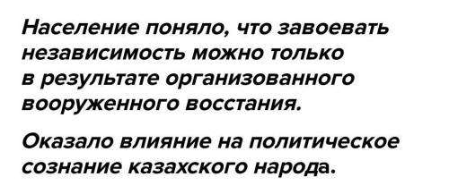 . Оказало влияние на политическое сознание казахского народа. 2. Стихийность и недостаточная организ