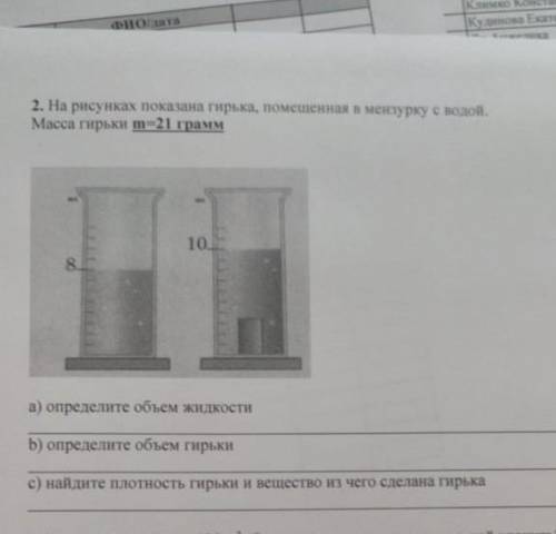 На рисунке показана гирька помещенная в мензурку с водой массой m=21 грамм A) определите объём жидко